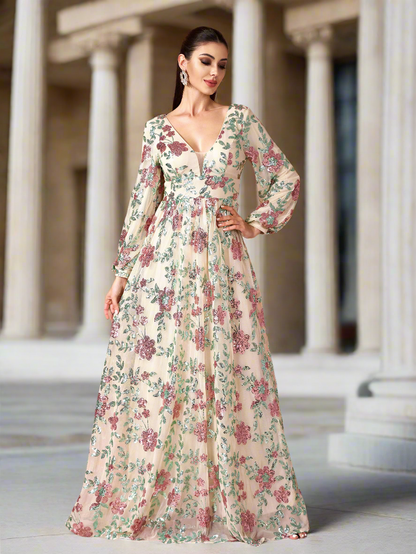 Langarm Promkleid mit Blumen und Glanz RJ10789