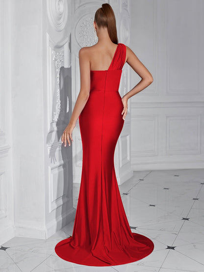 Rotes One-Shoulder Rüschen-Mermaid-Abendkleid XF05701