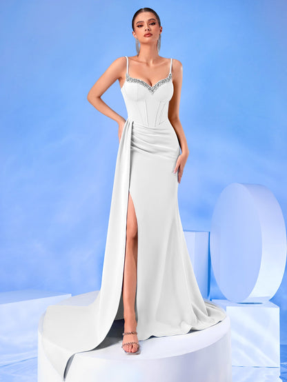 Marineblaues Korsett Schlitz Abendkleid XF05703