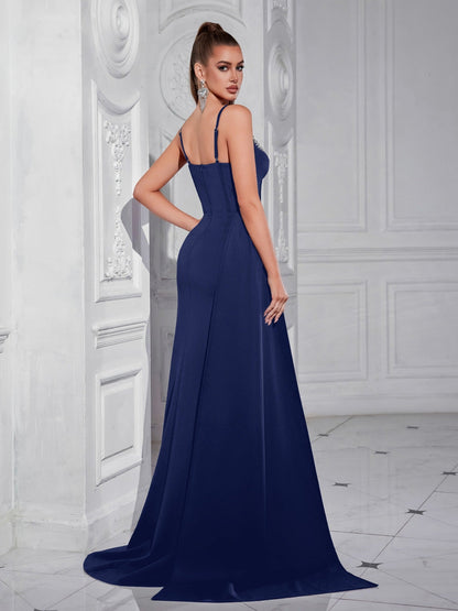 Marineblaues Korsett Schlitz Abendkleid XF05703