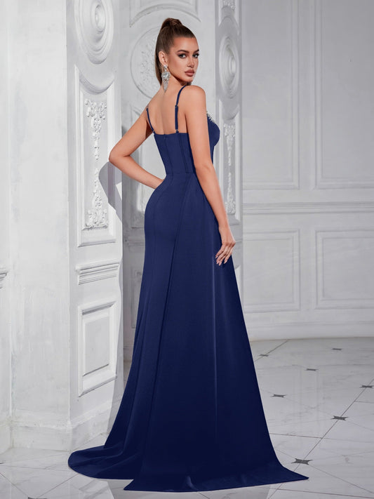 Marineblaues Korsett Schlitz Abendkleid XF05703