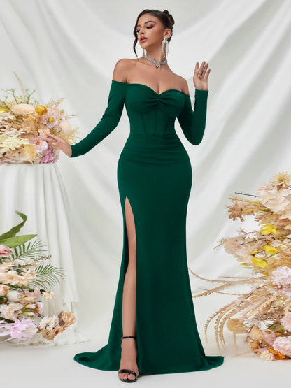 Schulterfrei Langarm Korsett Abendkleid XF05708