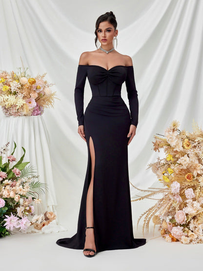 Schulterfrei Langarm Korsett Abendkleid XF05708