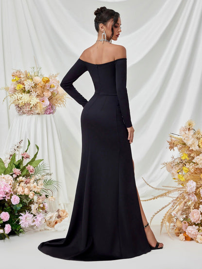 Schulterfrei Langarm Korsett Abendkleid XF05708