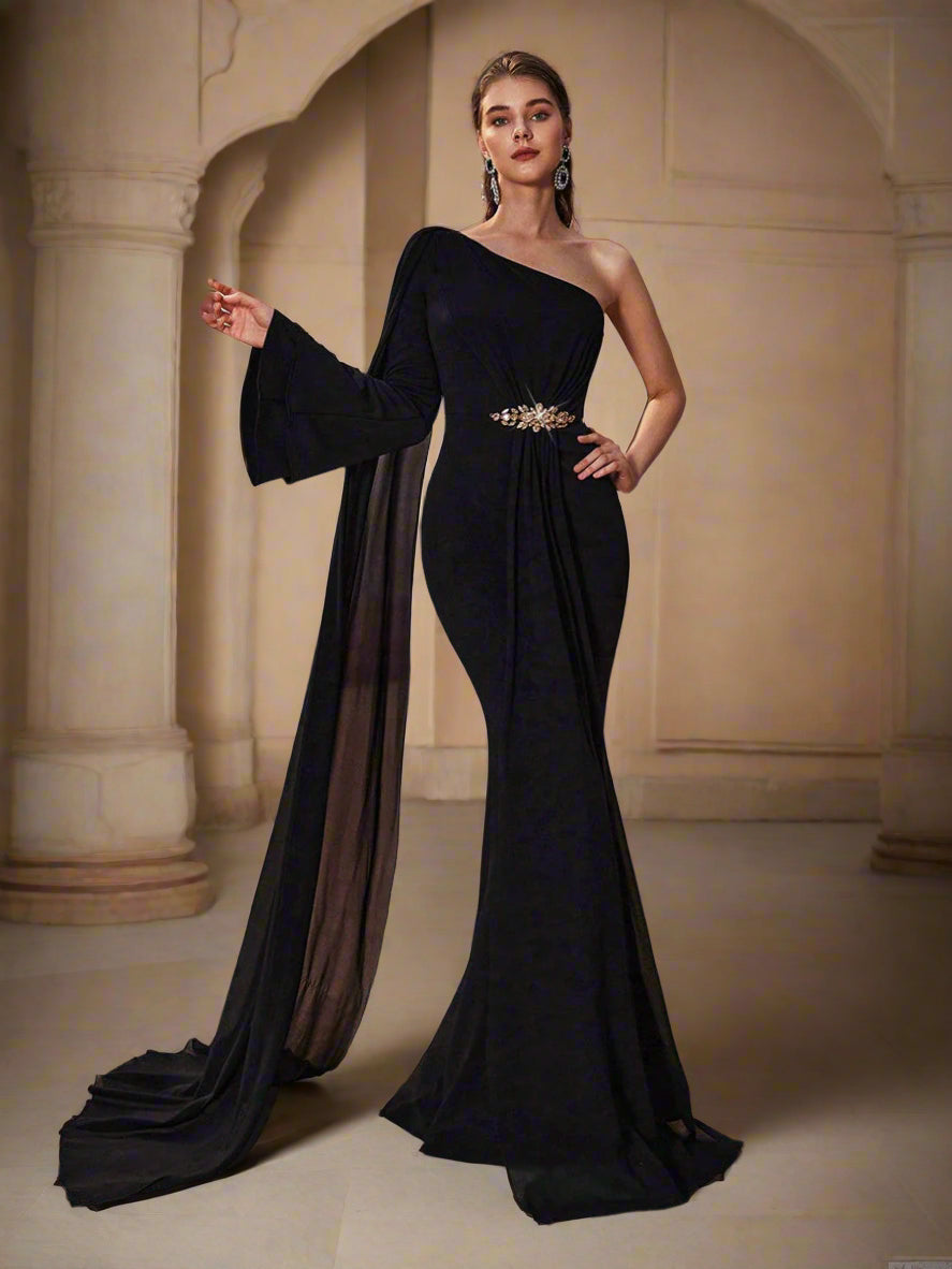 Schwarzes Chiffonkleid Elegant Meerjungfrau Schulterfrei XF1014