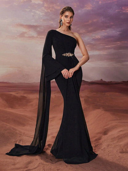 Schwarzes Chiffonkleid Elegant Meerjungfrau Schulterfrei XF1014