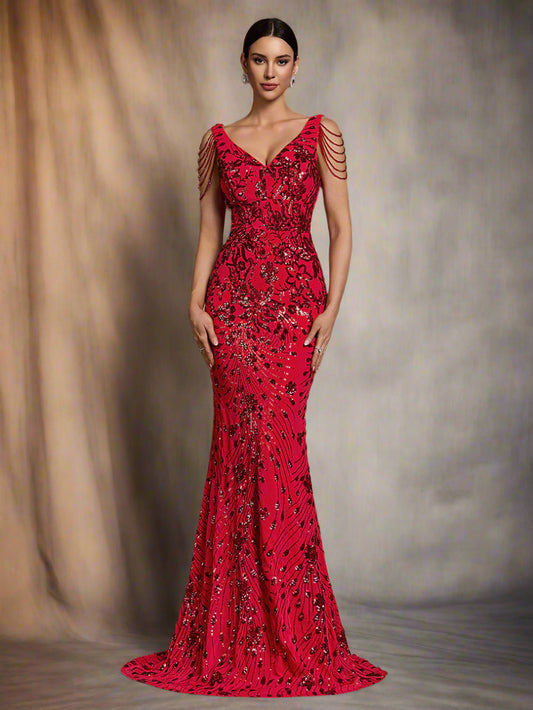 Rotes Paillettenkleid Blumen Rückenfrei Meerjungfrau XF1015