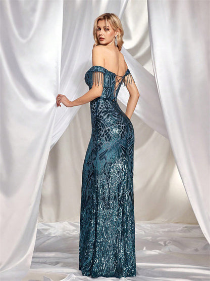 Schulterfreies Paillettenkleid Rückenfrei Meerjungfrau Luxus XF1016