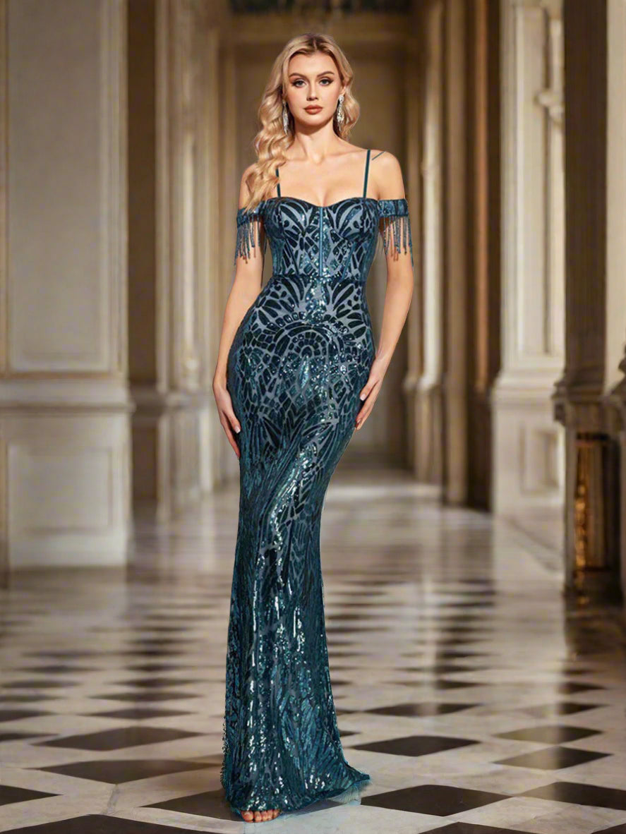 Schulterfreies Paillettenkleid Rückenfrei Meerjungfrau Luxus XF1016