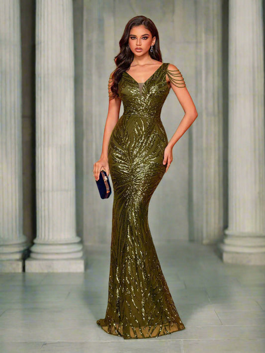Paillettenkleid V-Ausschnitt Rückenfrei Meerjungfrau XF1019