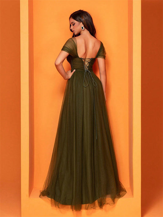 Grünes A-Linienkleid Mesh Kurzarm Elegant XF1022