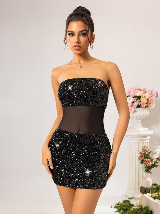 Schulterfreies Paillettenkleid Transparent Sexy Eng XF10444