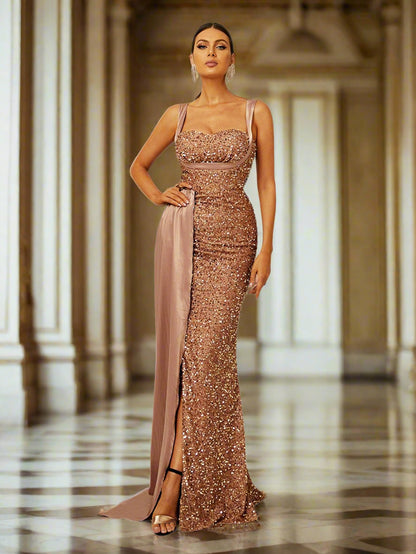 Ribbon Corset Sequin Maxi Prom Dress XH2162 - MISS ORD