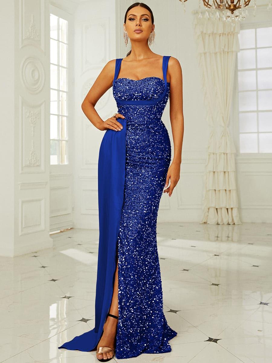 Ribbon Corset Sequin Maxi Prom Dress XH2162 - MISS ORD