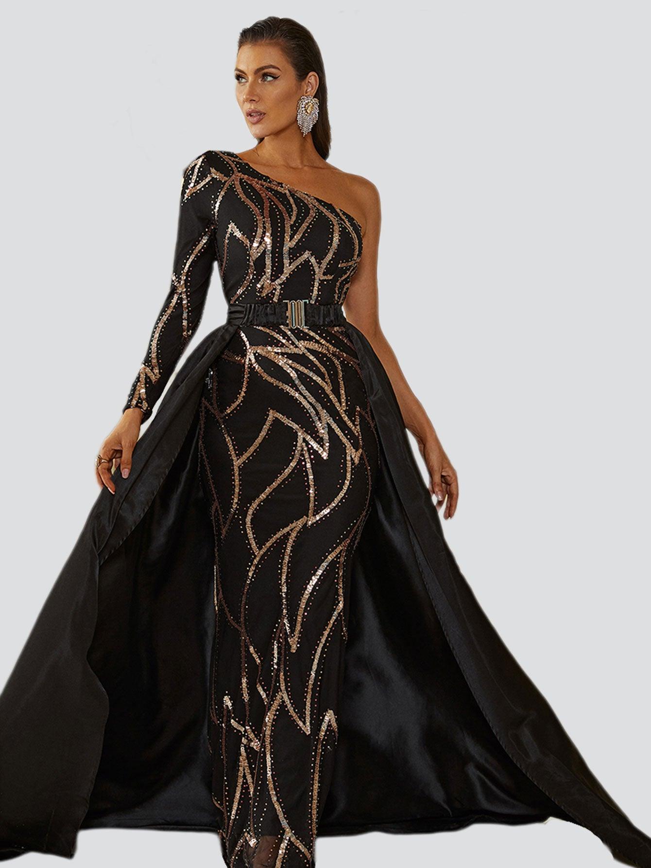 One Shoulder Cloak Sequin Prom Dress XH2172 - MISS ORD