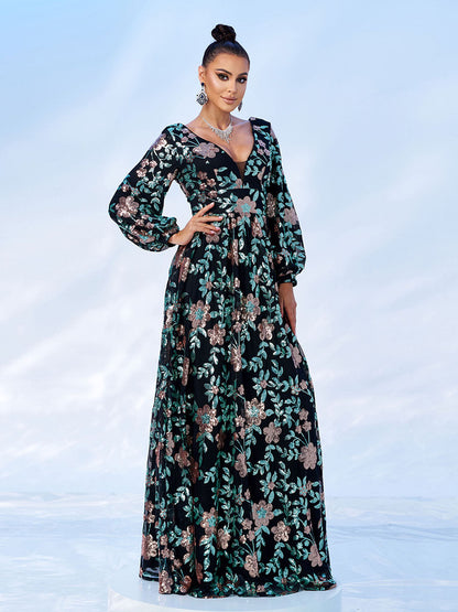 Langarm Promkleid mit Blumen und Glanz RJ10789