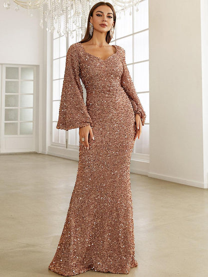 Sequin Bell Sleeve Mermaid Dress M02010 - MISS ORD
