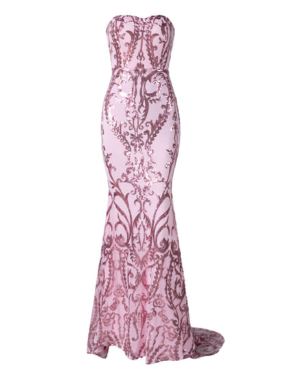 Rosa Paillettenkleid Schulterfrei Meerjungfrau Tribal-Stil XH1342