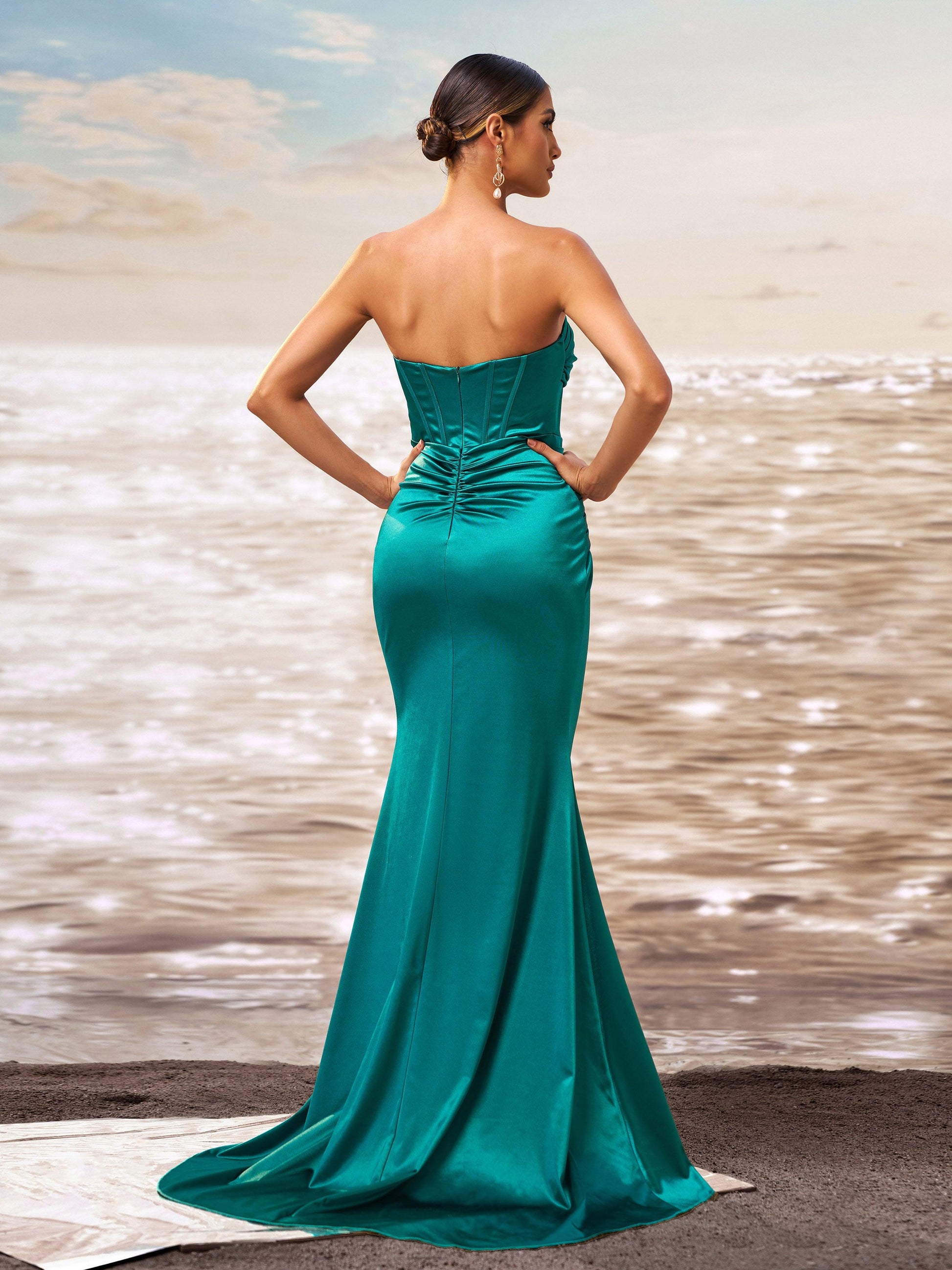 Corset Strapless Split Plain Maxi Dress GM90016 - MISS ORD