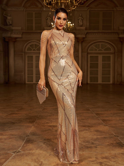 Cocktailkleid mit Perlen und Pailletten im Rundhalsausschnitt M01081