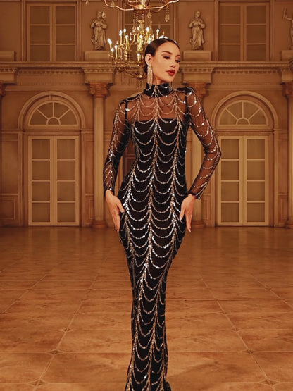 Transparentes Paillettenkleid mit Fischschwanz M0032