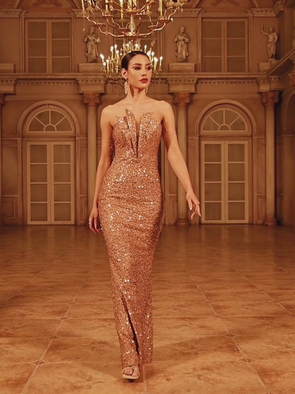 Cocktailkleid Gold mit Pailletten XJ978