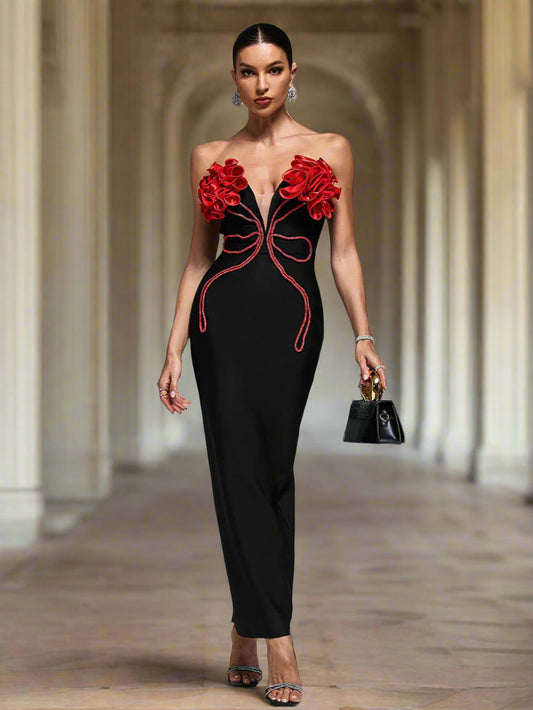 Sexy Schwarzes Kleid mit Rote Blüten XF41058