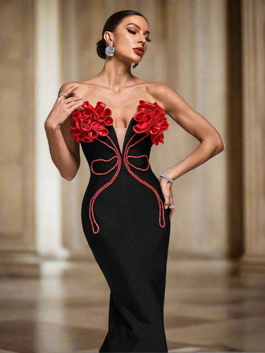 Sexy Schwarzes Kleid mit Rote Blüten XF41058